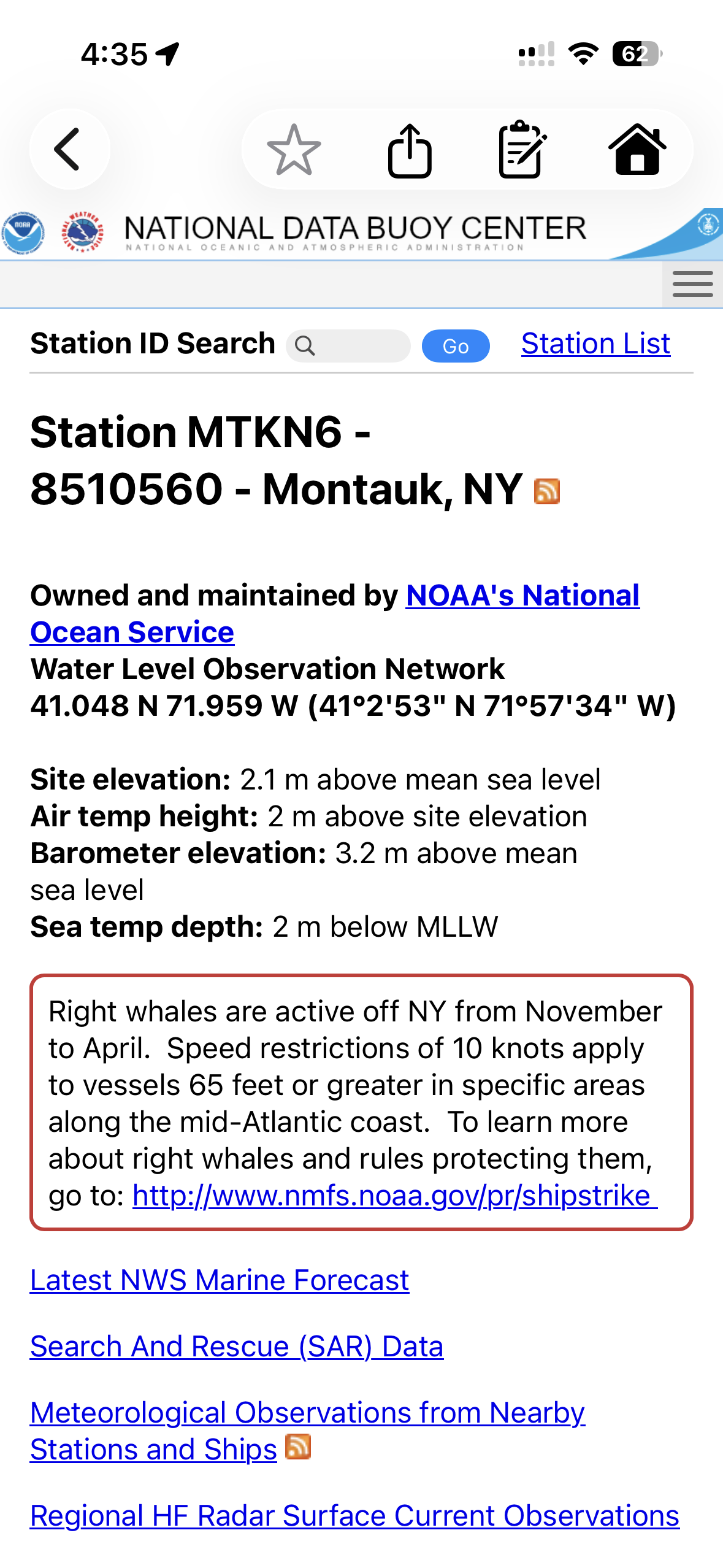 NOAA buoy station detail page