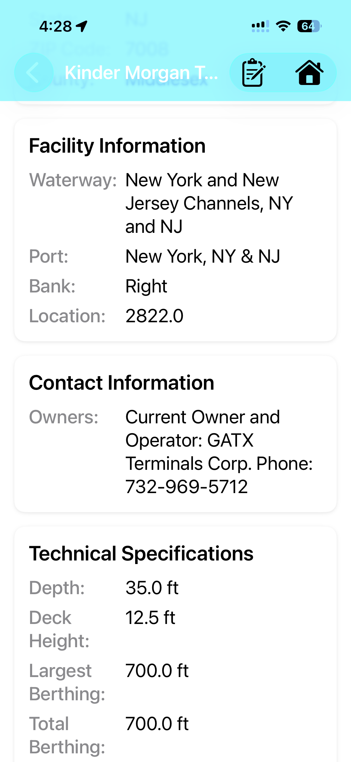 Dock technical specifications and berthing dimensions