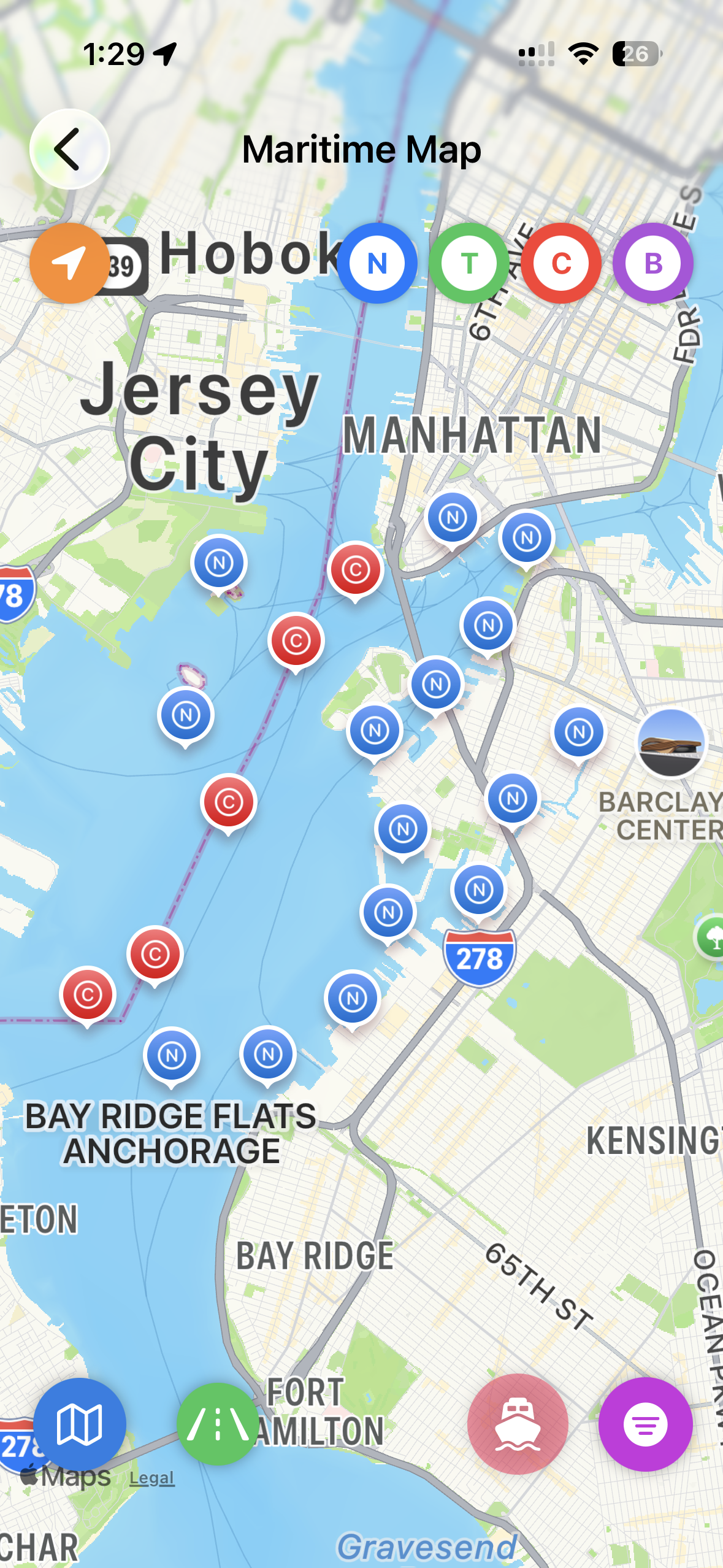 Maritime map of New York Harbor with dock and current stations