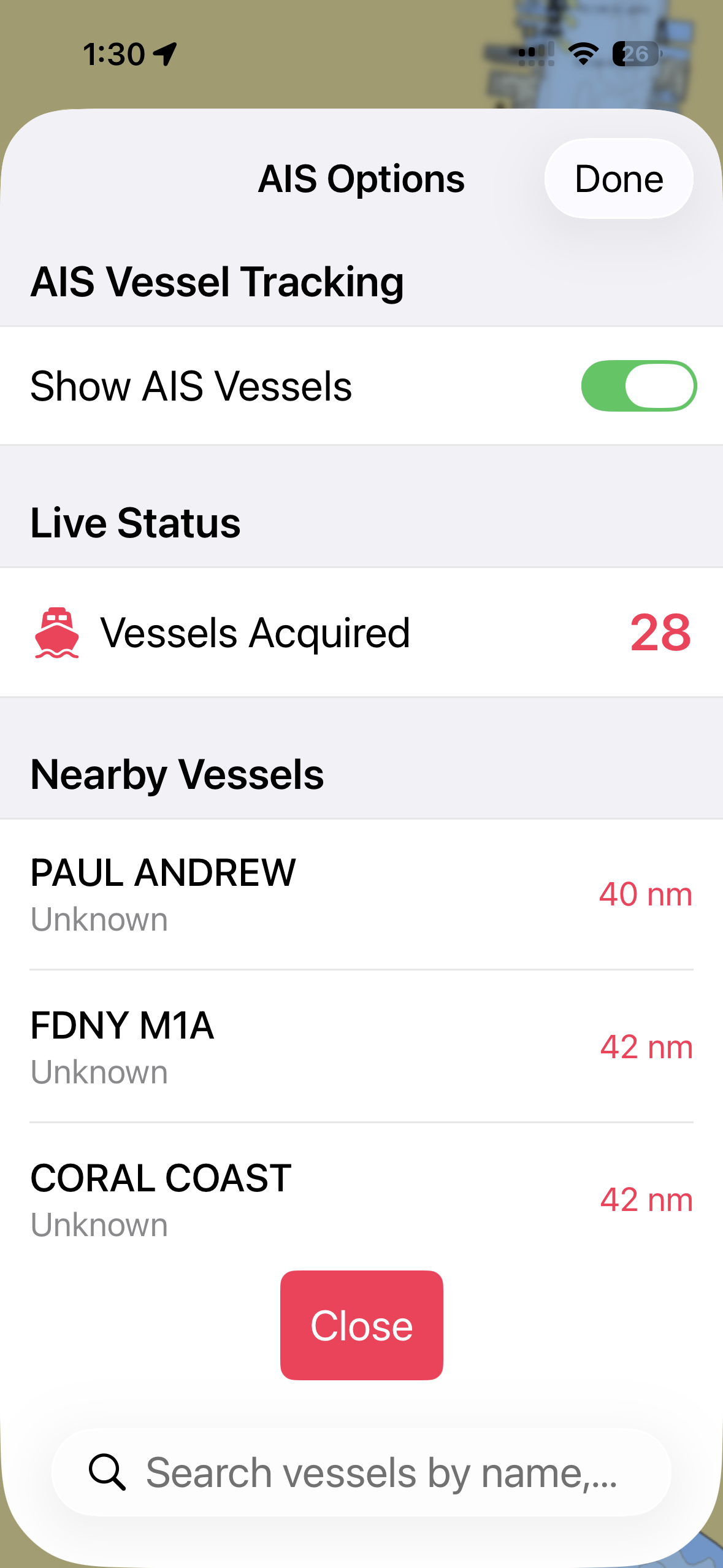 AIS vessel tracking with nearby ships list