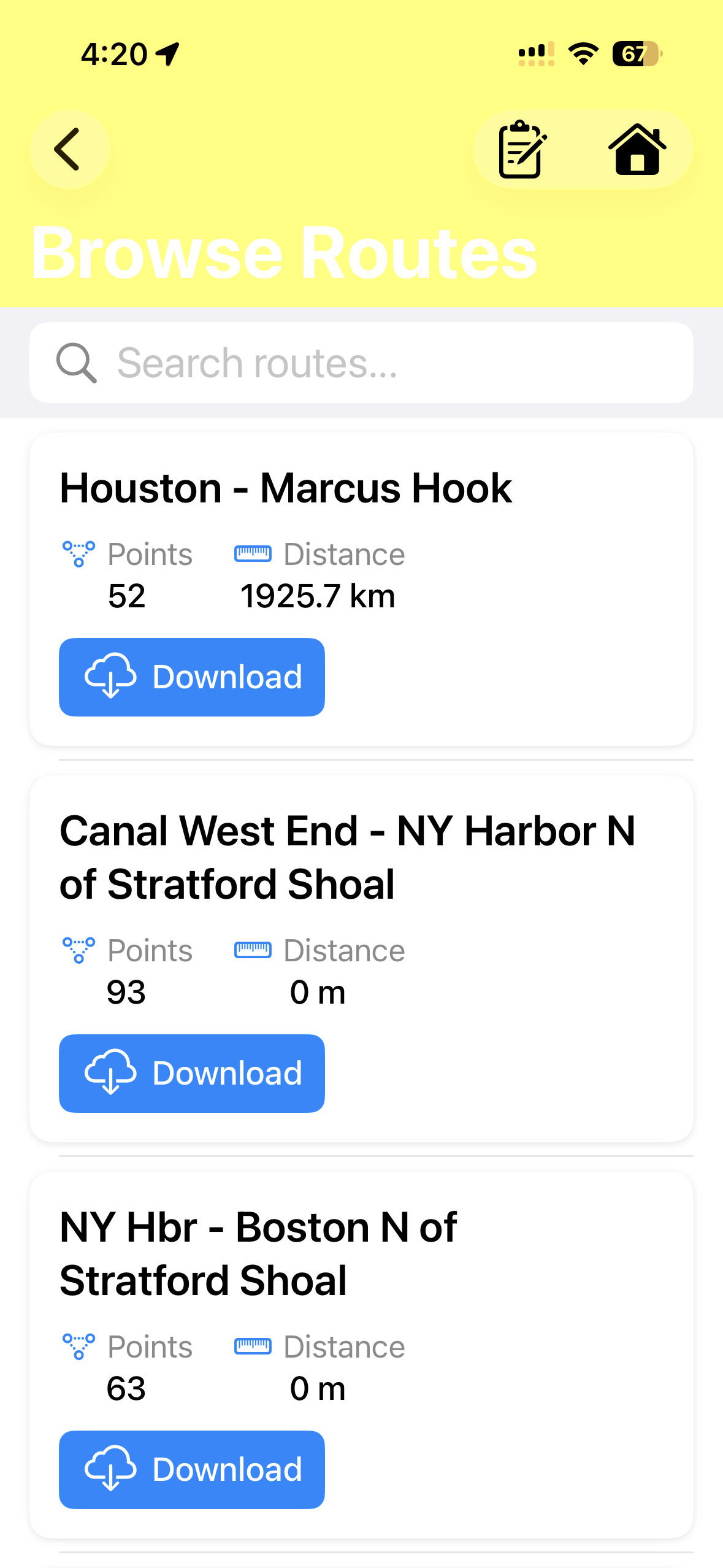 Browse routes list